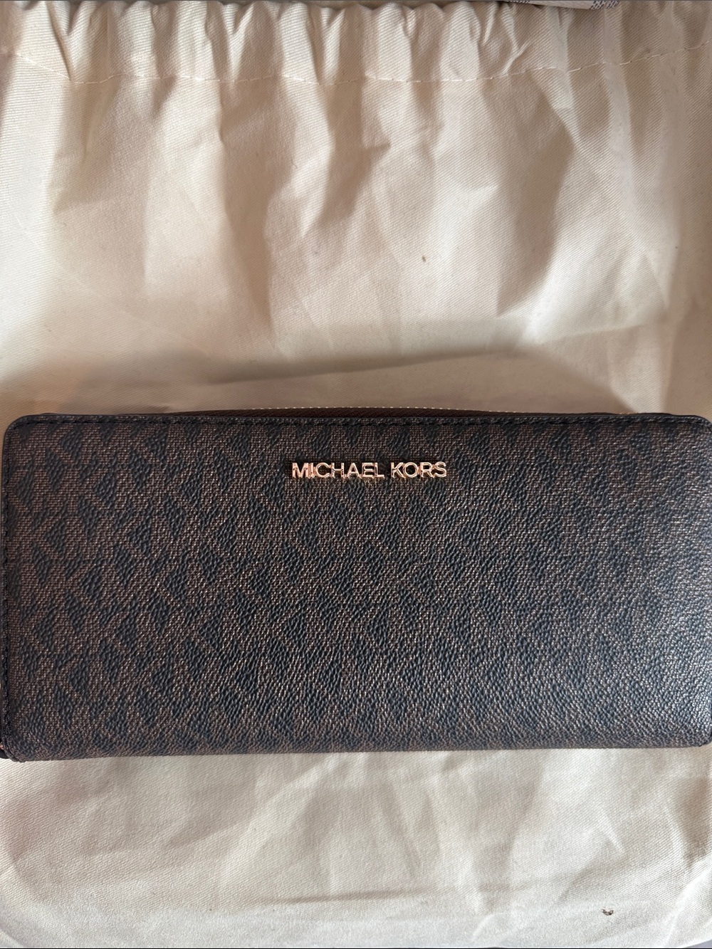 Michael Kors Brown and Gold Logo Zip Card Holder
